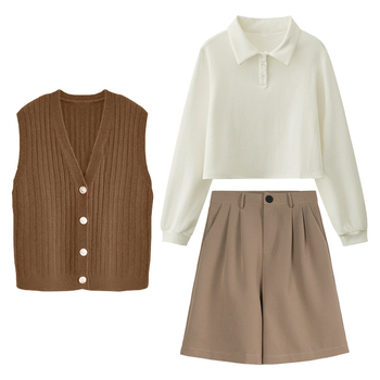 Ženski dvodijelni komplet: pleteni vest i šorc – jednostavan uzorak, poliester tkanina, dugi rukavi, proljeće 2023