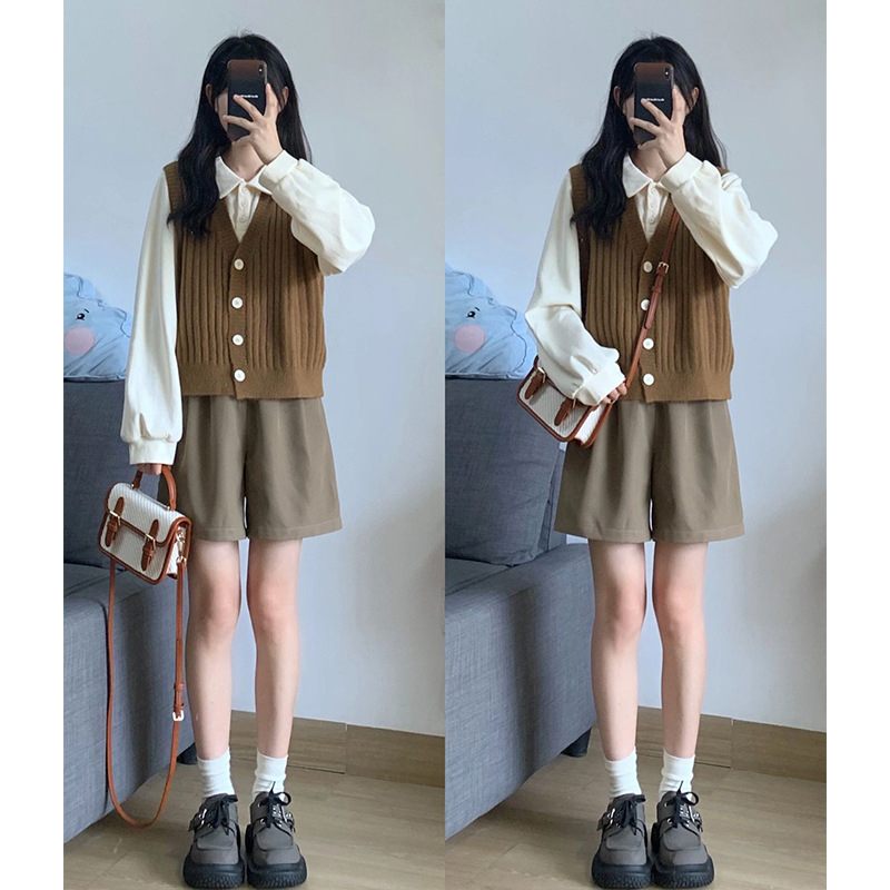 Ženski dvodijelni komplet: pleteni vest i šorc – jednostavan uzorak, poliester tkanina, dugi rukavi, proljeće 2023