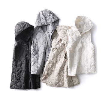 Ženska kapuljačasta puffer vest s podstavom, Chenille tkanina, Spandex smjesa, 66–70% perja, srednja gustoća