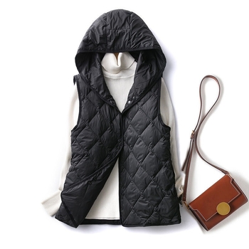 Ženska kapuljačasta puffer vest s podstavom, Chenille tkanina, Spandex smjesa, 66–70% perja, srednja gustoća