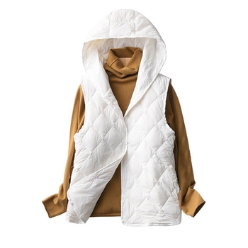 Ženska kapuljačasta puffer vest s podstavom, Chenille tkanina, Spandex smjesa, 66–70% perja, srednja gustoća