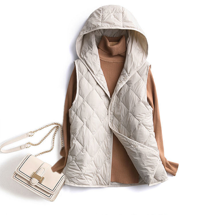 Ženska kapuljačasta puffer vest s podstavom, Chenille tkanina, Spandex smjesa, 66–70% perja, srednja gustoća