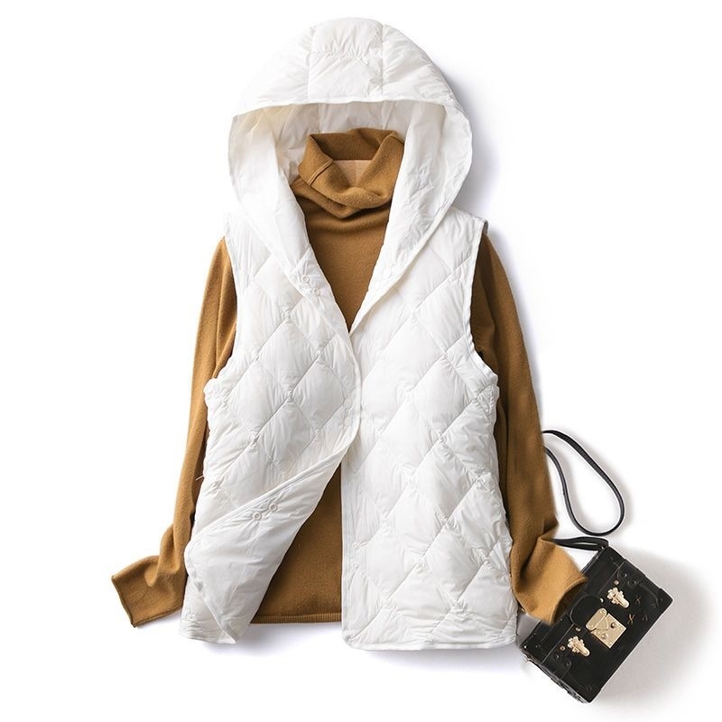 Ženska kapuljačasta puffer vest s podstavom, Chenille tkanina, Spandex smjesa, 66–70% perja, srednja gustoća