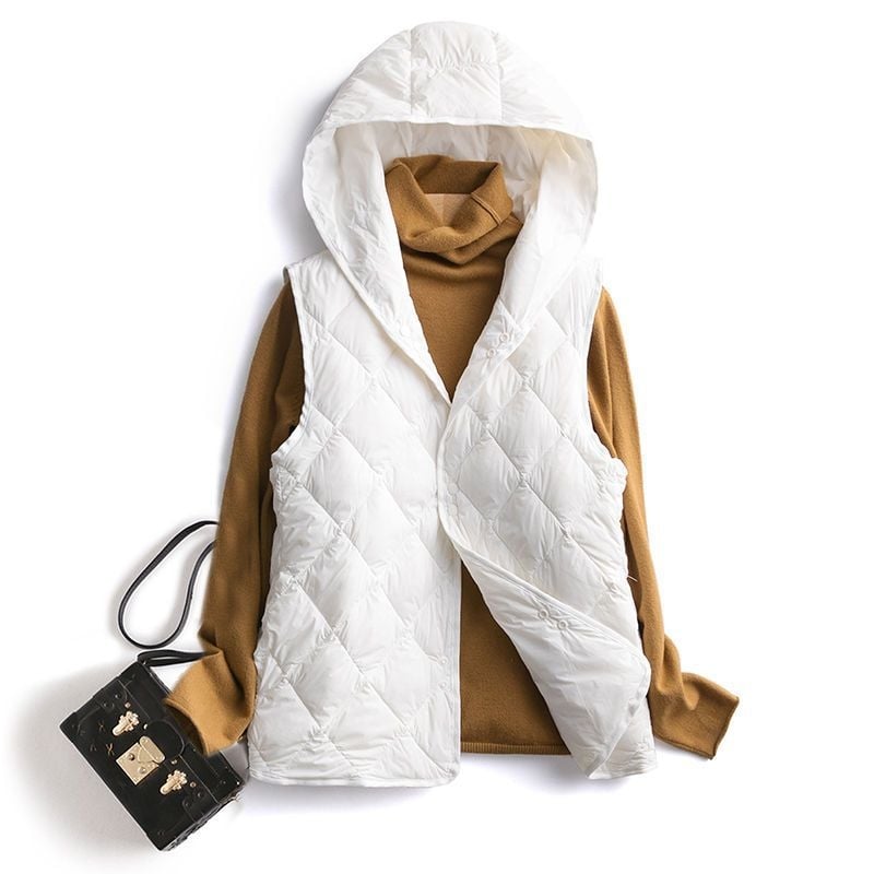 Ženska kapuljačasta puffer vest s podstavom, Chenille tkanina, Spandex smjesa, 66–70% perja, srednja gustoća