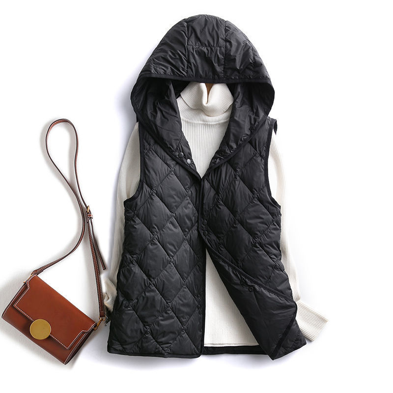 Ženska kapuljačasta puffer vest s podstavom, Chenille tkanina, Spandex smjesa, 66–70% perja, srednja gustoća