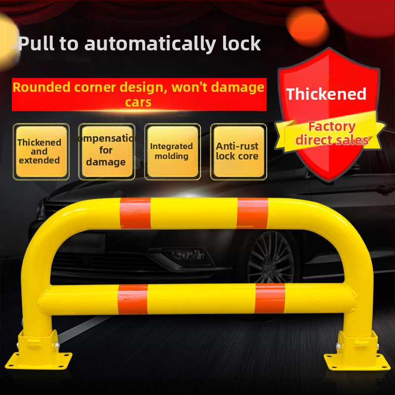 Garāžas stoppers ar U‑veida drošu barjeru – pielāgojama stāvvietas bloķētājs ar bieza rāmi, iekļauti piederumi; versijas ar slēdzeni un dubulto slēdzeni; smagi un standarta varianti