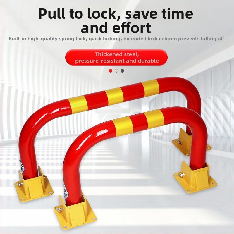 Garāžas stoppers ar U‑veida drošu barjeru – pielāgojama stāvvietas bloķētājs ar bieza rāmi, iekļauti piederumi; versijas ar slēdzeni un dubulto slēdzeni; smagi un standarta varianti