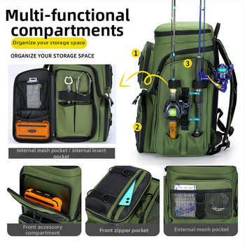 Lauko žvejybos kuprinė su didele talpa ir sausai–drėgni atskyrimai, skirta masalų įrangai (neatspari vandeniui)