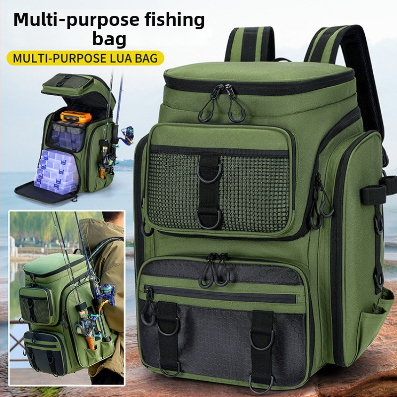 Lauko žvejybos kuprinė su didele talpa ir sausai–drėgni atskyrimai, skirta masalų įrangai (neatspari vandeniui)