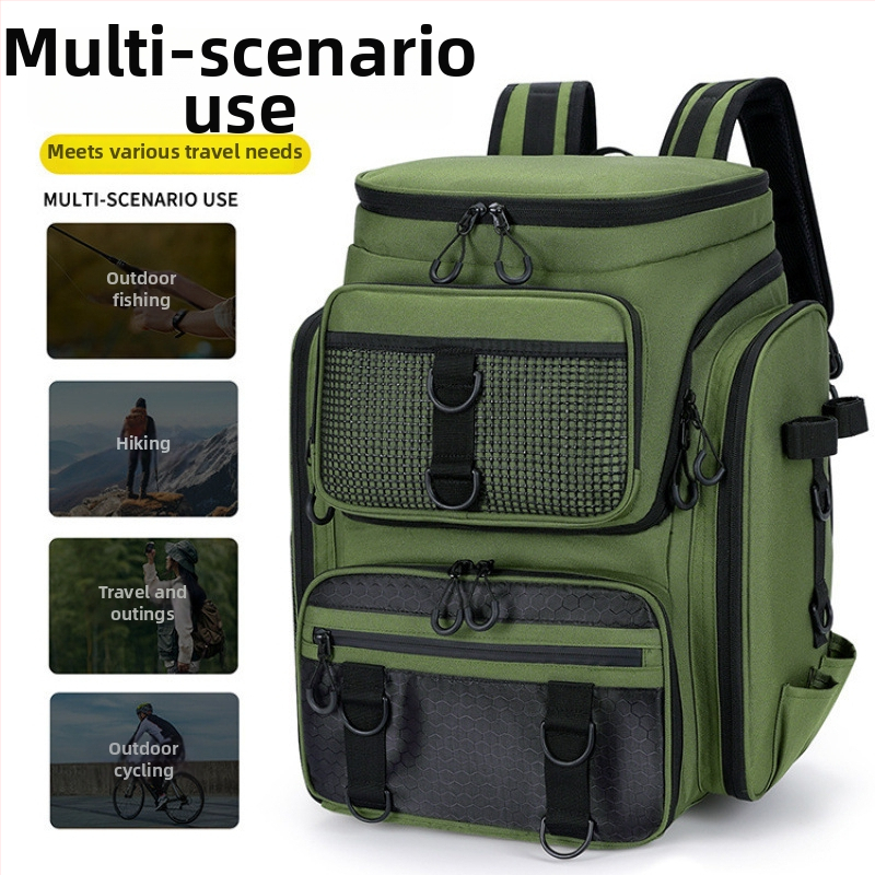 Lauko žvejybos kuprinė su didele talpa ir sausai–drėgni atskyrimai, skirta masalų įrangai (neatspari vandeniui)