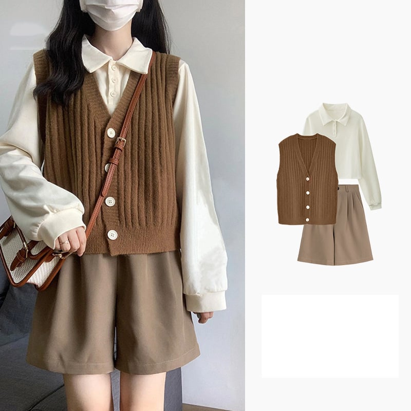 Moterų dviejų dalių komplektas: megzta liemenė ir megztiniai šortai, poliesteris, rudens koledžo stilius