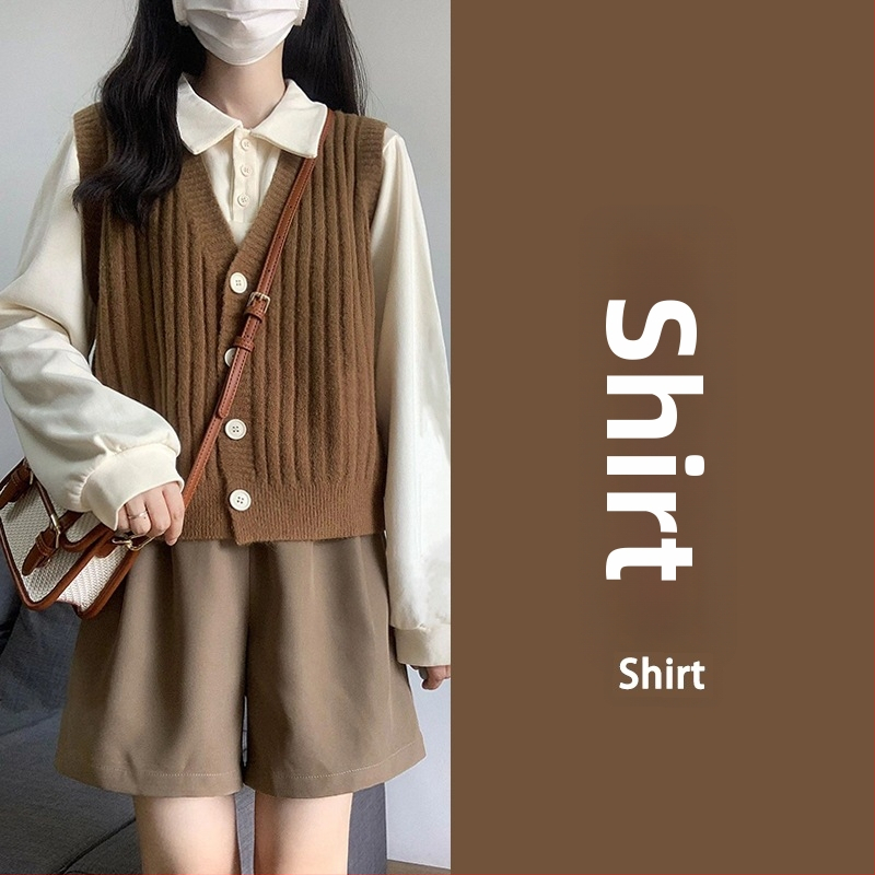 Moterų dviejų dalių komplektas: megzta liemenė ir megztiniai šortai, poliesteris, rudens koledžo stilius