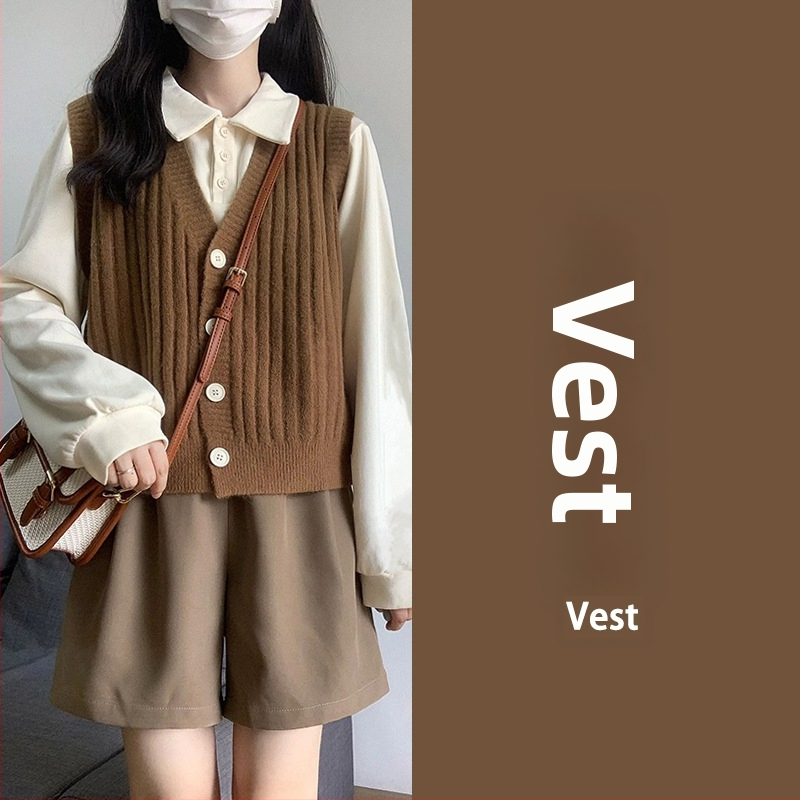 Moterų dviejų dalių komplektas: megzta liemenė ir megztiniai šortai, poliesteris, rudens koledžo stilius