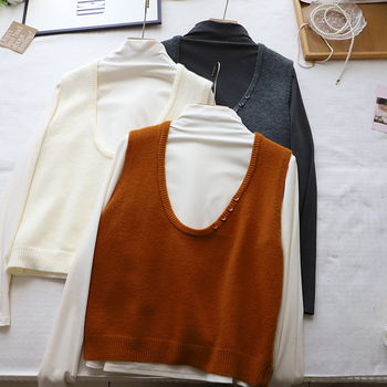 Dviejų dalių megztinis komplektas moterims – viršus su pusiau aukštu kaklu ir megzta liemenė, medvilnė-poliesteris, ruduo 2025