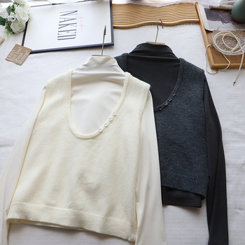 Dviejų dalių megztinis komplektas moterims – viršus su pusiau aukštu kaklu ir megzta liemenė, medvilnė-poliesteris, ruduo 2025