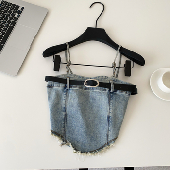 Moterų džinsinis topas su dirželiu, be petnešėlių, slim fit, trumpas ilgis, poliesteris, 90–95% poliesterio sudėtis