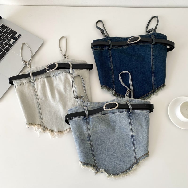 Moterų džinsinis topas su dirželiu, be petnešėlių, slim fit, trumpas ilgis, poliesteris, 90–95% poliesterio sudėtis