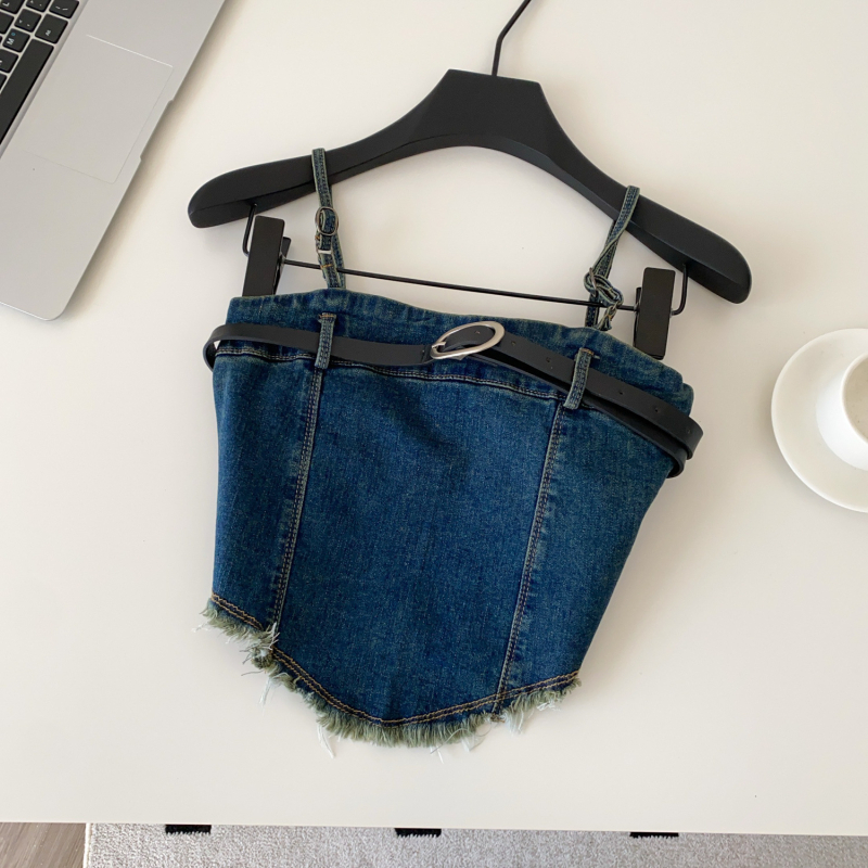 Moterų džinsinis topas su dirželiu, be petnešėlių, slim fit, trumpas ilgis, poliesteris, 90–95% poliesterio sudėtis