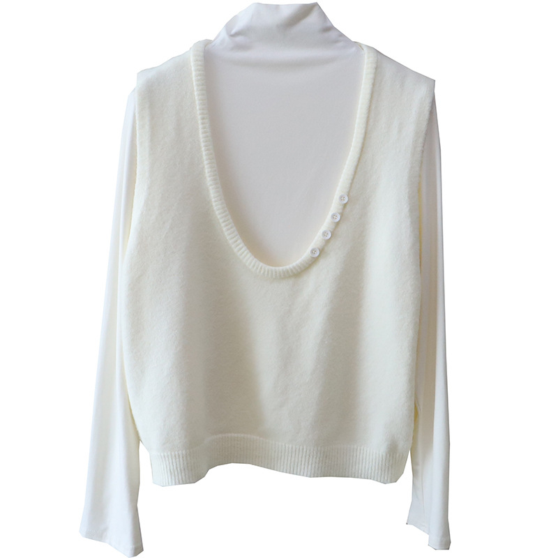 Dviejų dalių megztinis komplektas moterims: viršus su aukštu kaklu ir megztas švarkelis, kasdienis kostiumas moterims, ruduo 2025, medvilnės–poliesterio mišinys, ilgos rankovės, vienos spalvos raštas