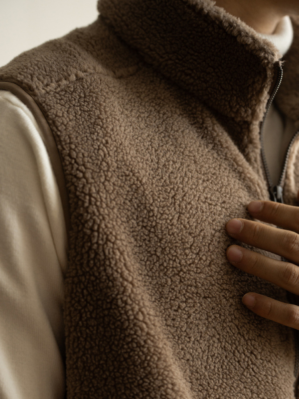 Muški flis prsluk — (stojeći ovratnik, patentni zatvarač, debeli materijal, slobodan kroj, bočni džepovi)