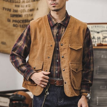 Muški Corduroy prsluk jakna, labav kroj, bez ovratnika, zatvarač, pamuk, trodimenzionalni patch džepovi