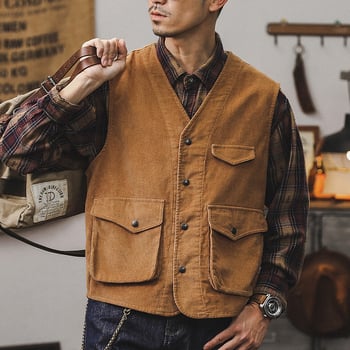 Muški Corduroy prsluk jakna, labav kroj, bez ovratnika, zatvarač, pamuk, trodimenzionalni patch džepovi