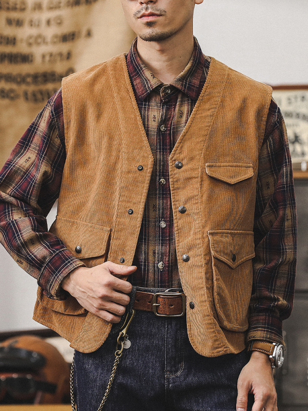 Muški Corduroy prsluk jakna, labav kroj, bez ovratnika, zatvarač, pamuk, trodimenzionalni patch džepovi