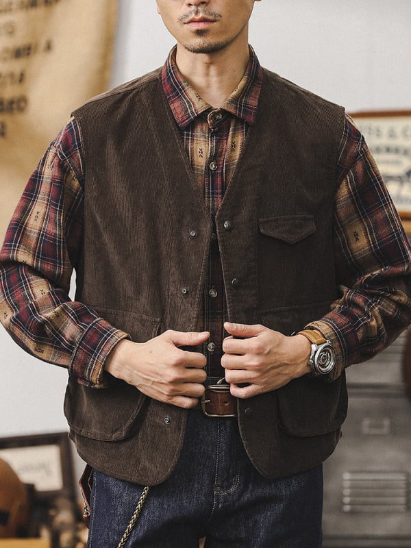 Muški Corduroy prsluk jakna, labav kroj, bez ovratnika, zatvarač, pamuk, trodimenzionalni patch džepovi