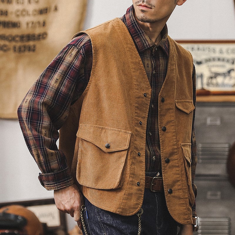 Muški Corduroy prsluk jakna, labav kroj, bez ovratnika, zatvarač, pamuk, trodimenzionalni patch džepovi
