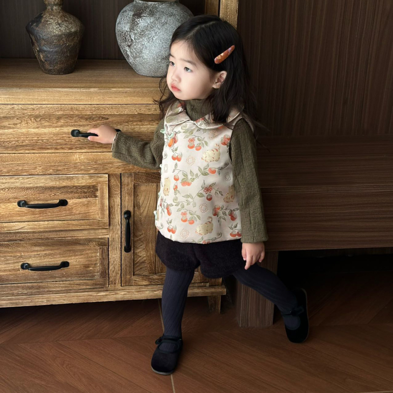 Gyerekeknek szóló hanfu-stílusú mellény Tang ruhához, macskás jacquard mintával, ujjatlan, pamut-kevert anyagból, 3–8 éveseknek, őszi 2025