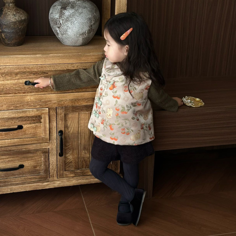 Gyerekeknek szóló hanfu-stílusú mellény Tang ruhához, macskás jacquard mintával, ujjatlan, pamut-kevert anyagból, 3–8 éveseknek, őszi 2025