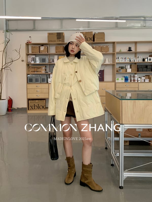 Ženski dvodijelni set od puffer kaputa i veste, kampus stil, srednja duljina, polo ovratnik