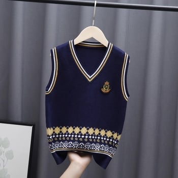 Pletena školska vesta za dječake, pamuk, prugast uzorak, podstavljena fleeceom, debela, pulover stil