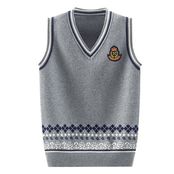 Pletena školska vesta za dječake, pamuk, prugast uzorak, podstavljena fleeceom, debela, pulover stil