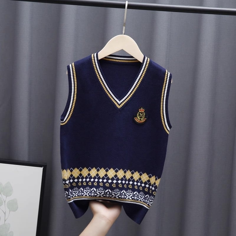 Pletena školska vesta za dječake, pamuk, prugast uzorak, podstavljena fleeceom, debela, pulover stil