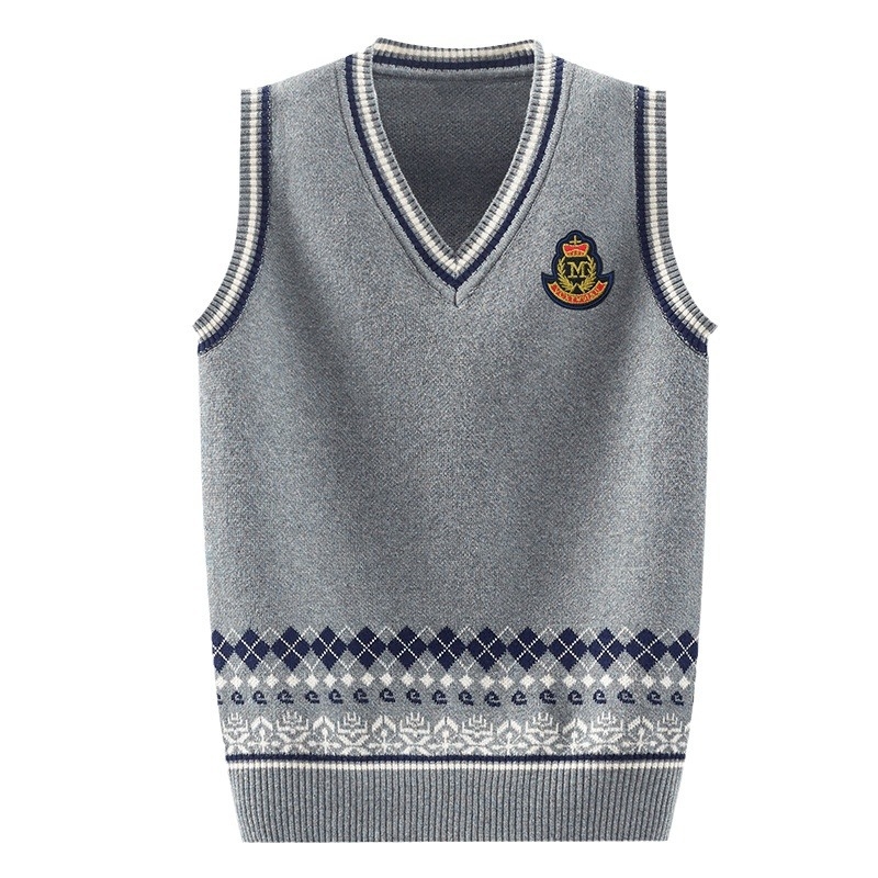 Pletena školska vesta za dječake, pamuk, prugast uzorak, podstavljena fleeceom, debela, pulover stil