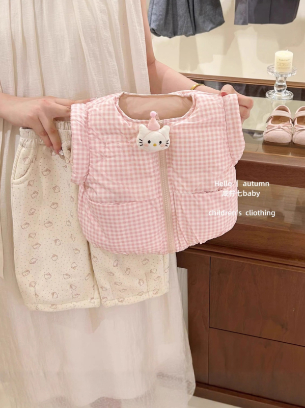 Детски обратим топъл памучен комплект: жилетка и панталони с кадифена текстура, стил кардиган