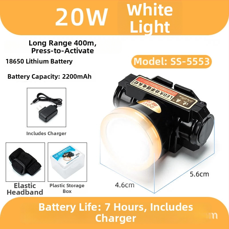 LED čelovka, telo z hliníkovej zliatiny, dobíjateľná 20W, 2200mAh, dosah lúča 100–200 m