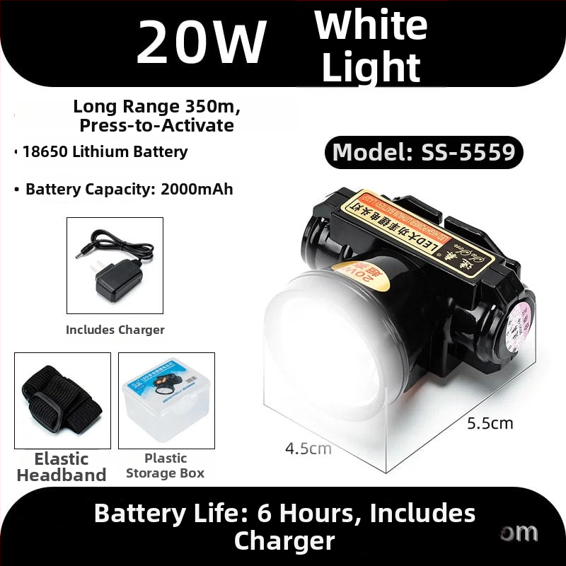 LED čelovka, telo z hliníkovej zliatiny, dobíjateľná 20W, 2200mAh, dosah lúča 100–200 m