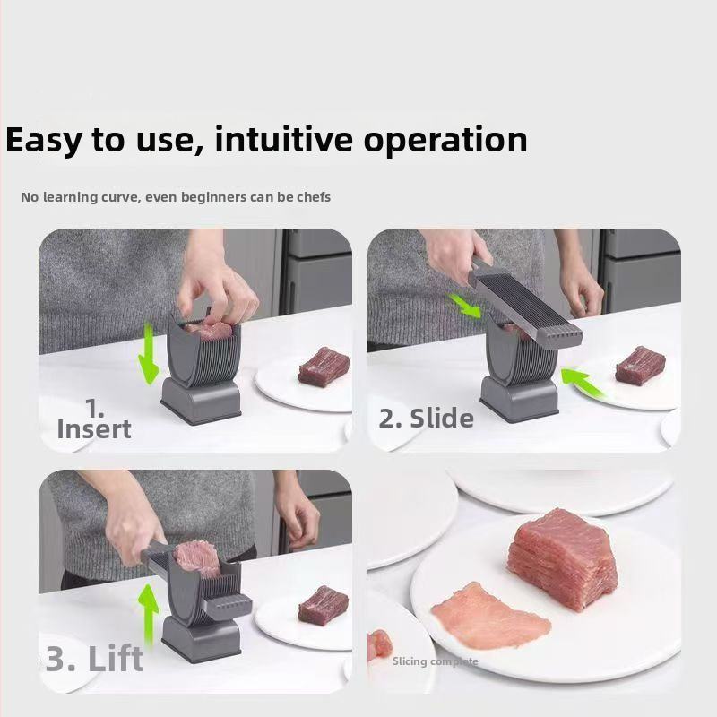 Rankinis mėsos pjaustytuvas namų naudojimui – ABS korpusas, nerūdijanio plieno peilis; pjausto mėsą plokštelėmis, juostelėmis ir kubeliais; pritaikymas ir logotipo spauda prieinama