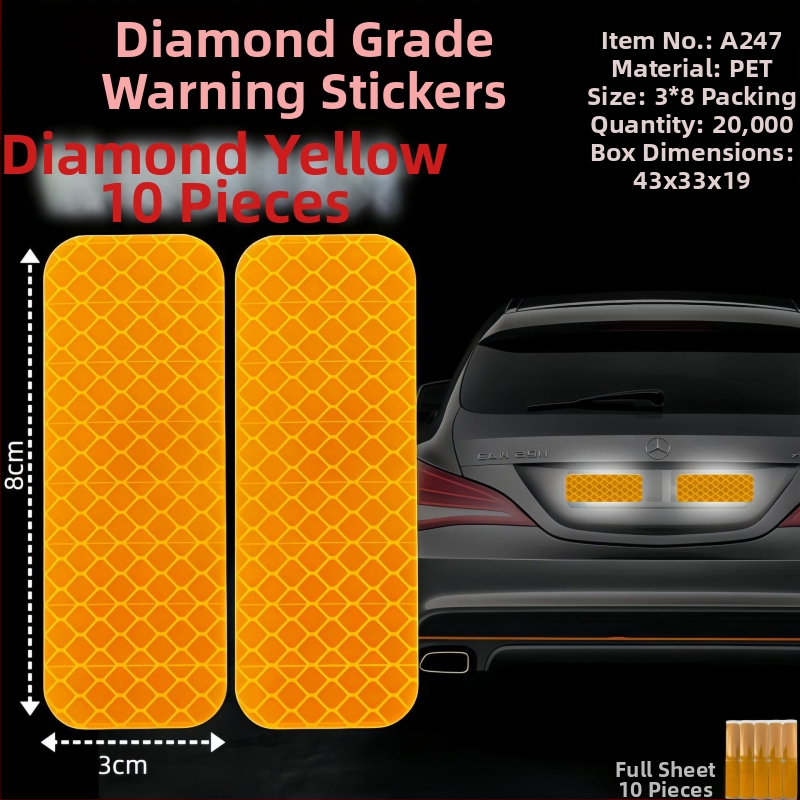 Autocolant reflectorizant auto – PET material, model semn de avertizare, cu adeziv, potrivit pentru capota față, portbagaj, plafon, geamuri și părțile laterale ale vehiculului.