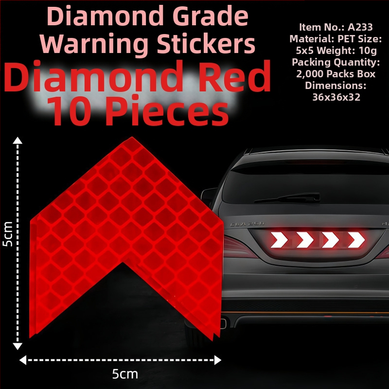 Autocolant reflectorizant auto – PET material, model semn de avertizare, cu adeziv, potrivit pentru capota față, portbagaj, plafon, geamuri și părțile laterale ale vehiculului.