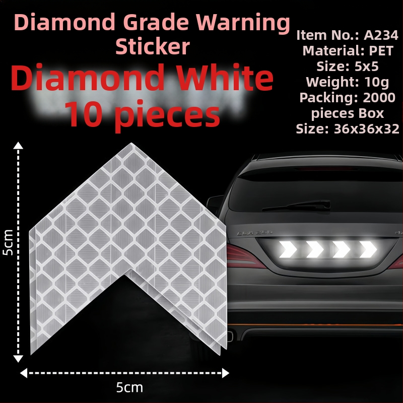 Etichetă reflectorizantă auto - PET, simbol de avertizare, autoadhezivă, potrivită pentru partea frontală, capota, portbagaj, plafon, geamuri și părțile laterale.