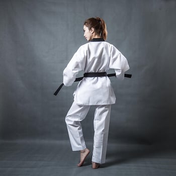 Taekwondo treniņtērpi – garās piedurknes, bērniem un pieaugušajiem, kokvilnas maisījuma audums (55% poliesters), svītraini vai vienkrāsains raksts