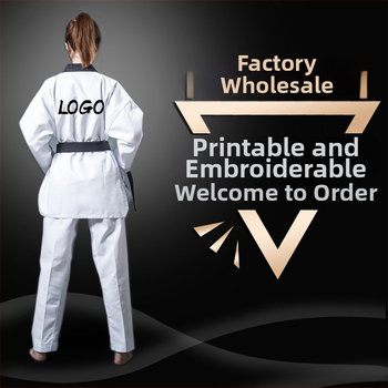 Taekwondo treniņtērpi – garās piedurknes, bērniem un pieaugušajiem, kokvilnas maisījuma audums (55% poliesters), svītraini vai vienkrāsains raksts