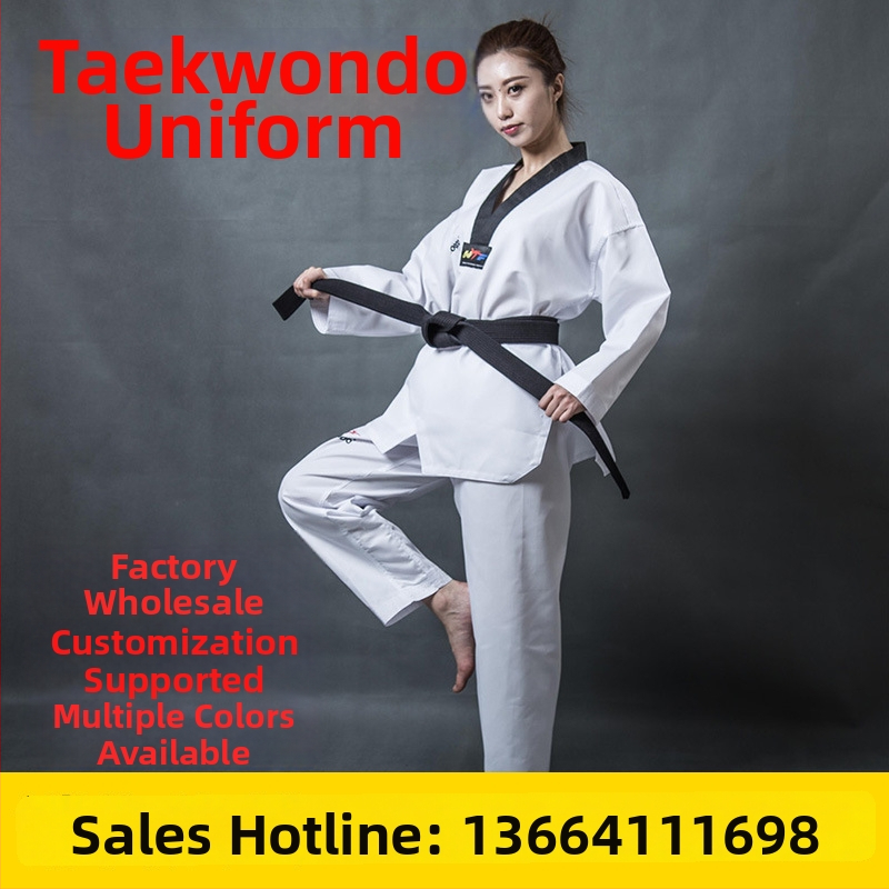 Taekwondo treniņtērpi – garās piedurknes, bērniem un pieaugušajiem, kokvilnas maisījuma audums (55% poliesters), svītraini vai vienkrāsains raksts