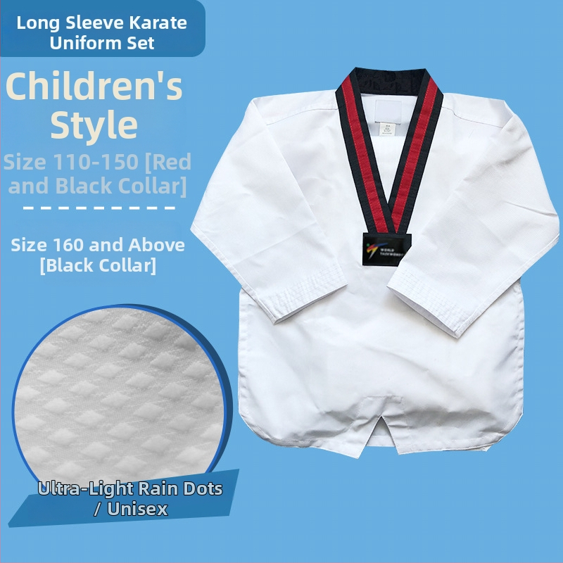 Taekwondo treniņtērpi – garās piedurknes, bērniem un pieaugušajiem, kokvilnas maisījuma audums (55% poliesters), svītraini vai vienkrāsains raksts