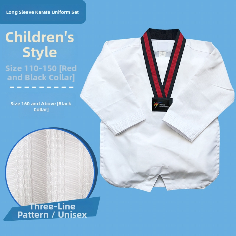 Taekwondo treniņtērpi – garās piedurknes, bērniem un pieaugušajiem, kokvilnas maisījuma audums (55% poliesters), svītraini vai vienkrāsains raksts