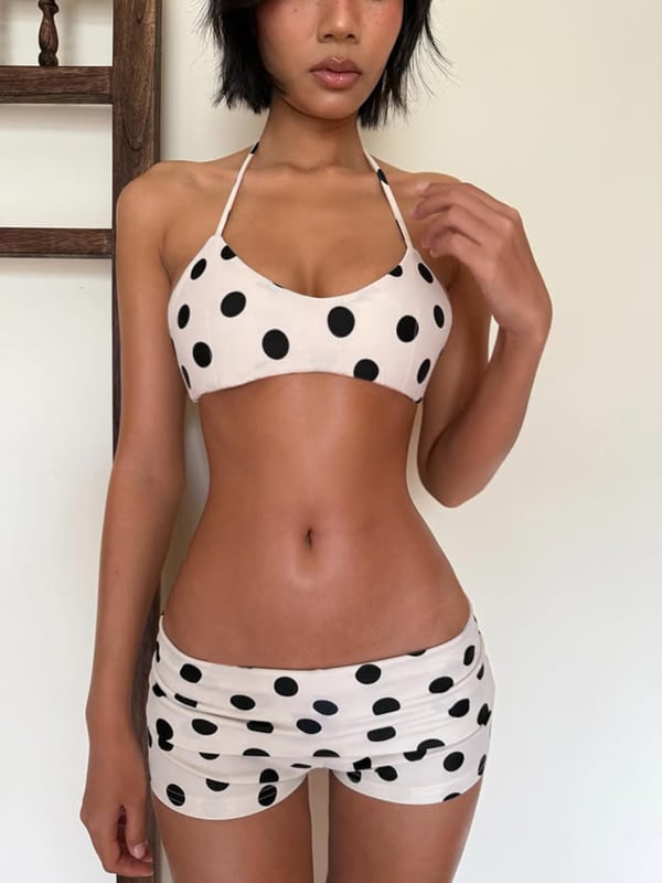 Dvodijelni bikini set za žene, točkasti uzorak, halter gornji dio, otvoren leđa, uski kroj, podstava 95% poliestera i 5% spandexa