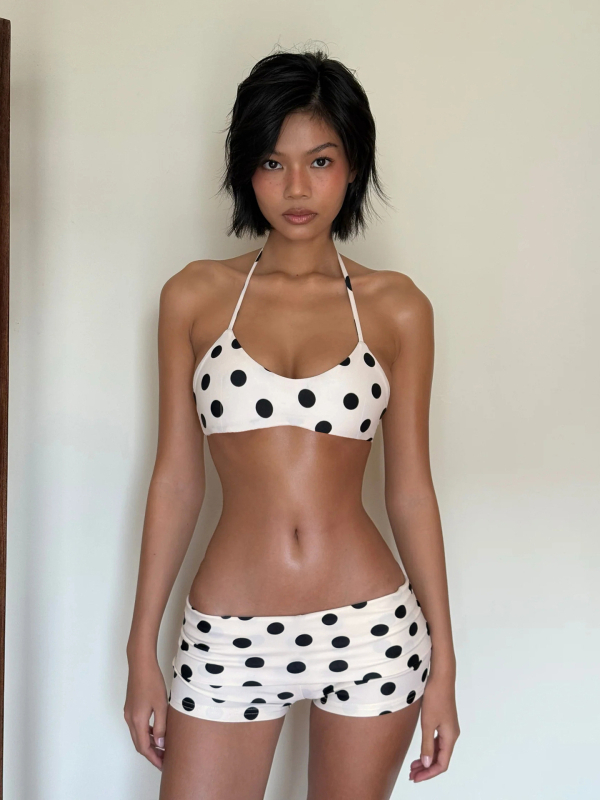Dvodijelni bikini set za žene, točkasti uzorak, halter gornji dio, otvoren leđa, uski kroj, podstava 95% poliestera i 5% spandexa